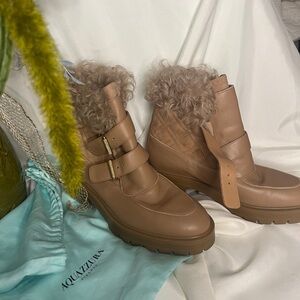 Aquazzura Tan Ankle Boots with Gold Buckles